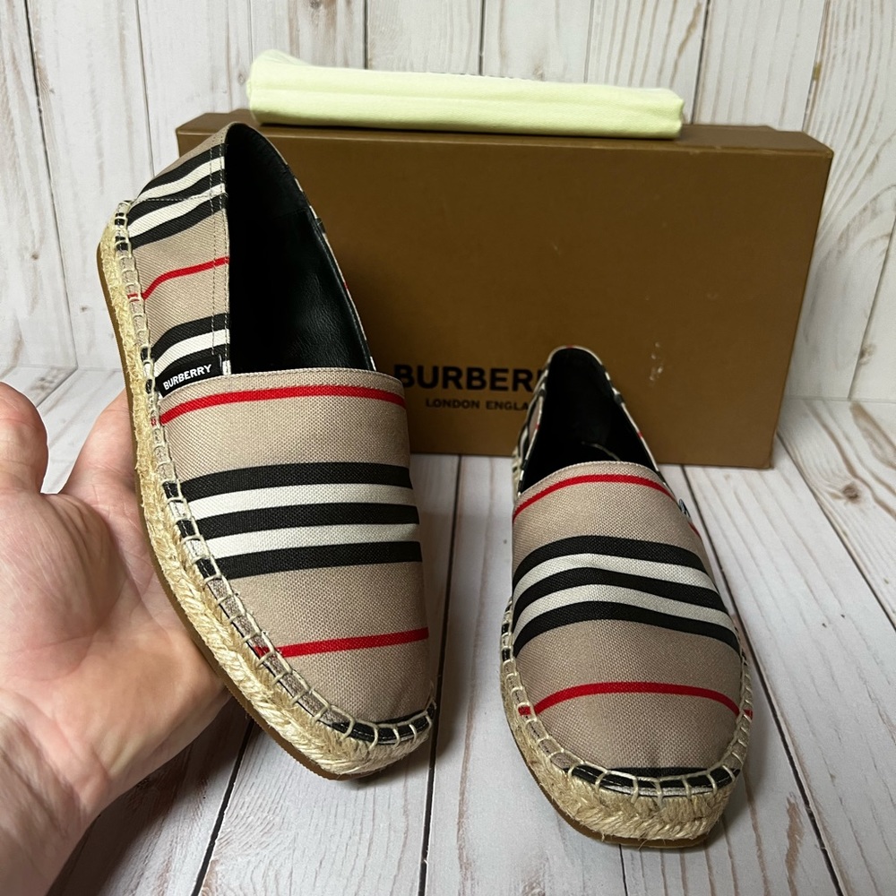 Burberry Alport Icon Striped Espadrille Flat Beige Multi Sz 36.5 / 6.5
